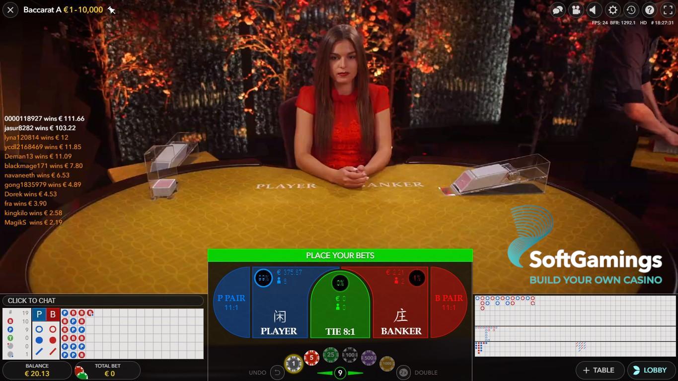 Giao diện đặt cược baccarat thể hiện hết trên màn hình, kết quả trả thời gian thực